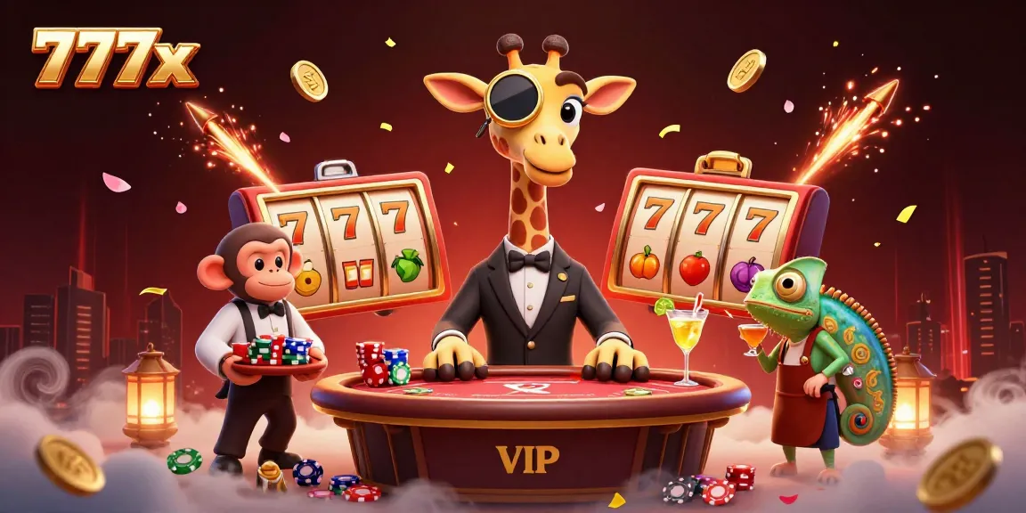 Experience dynamic wins at 777x casino with a giraffe, monkey, and chameleon amidst slot reels.