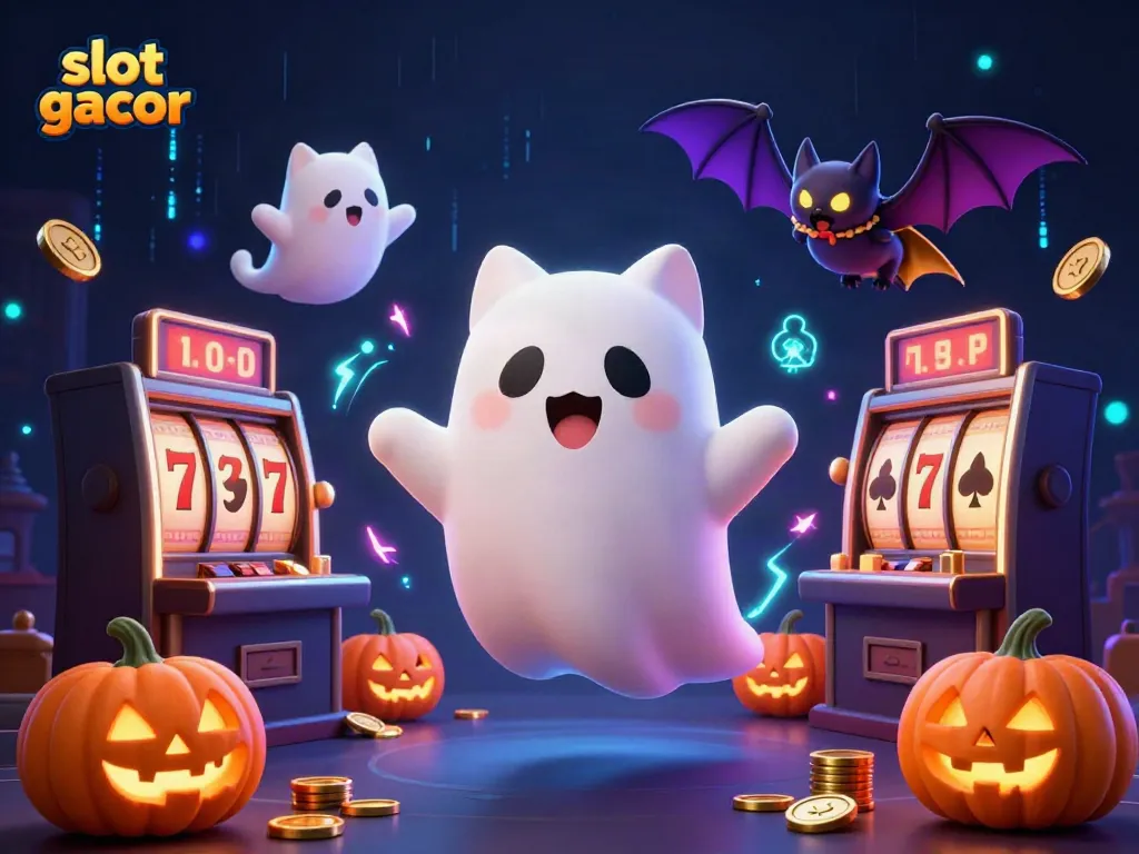 Engage with slot gacor by enjoying a vibrant casino scene featuring playful ghost cat companions and slot machines.