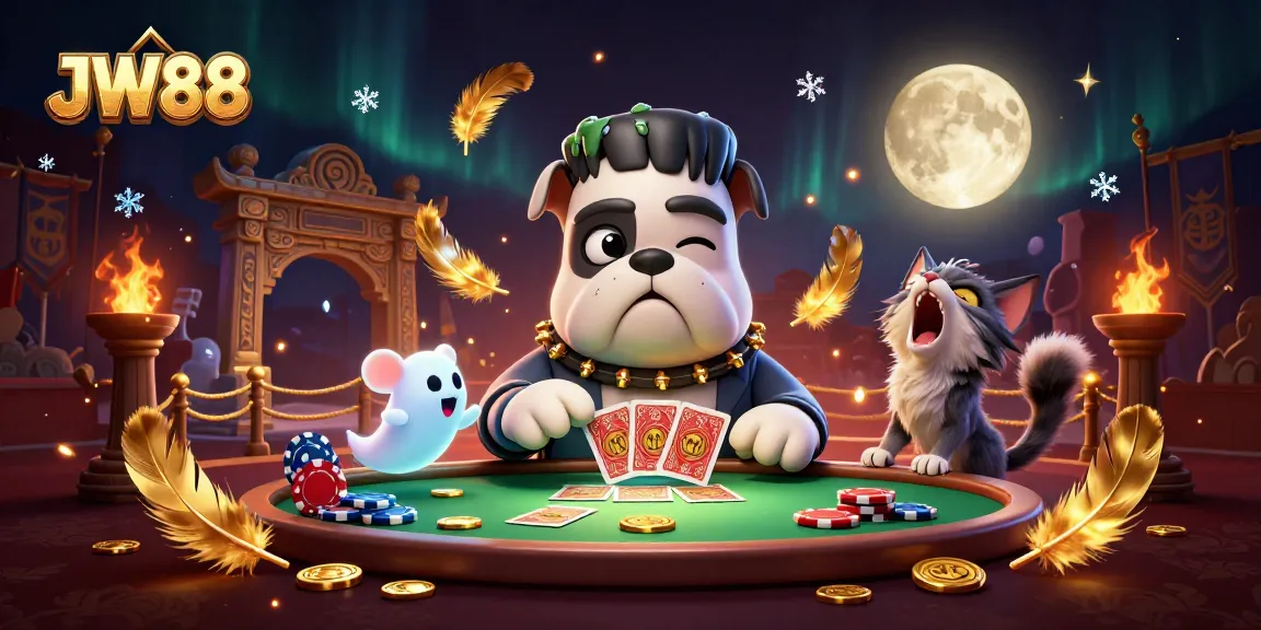 Experience thrilling gameplay at JW88 with a Frankenstein bulldog dealing cards at a spooky casino table.