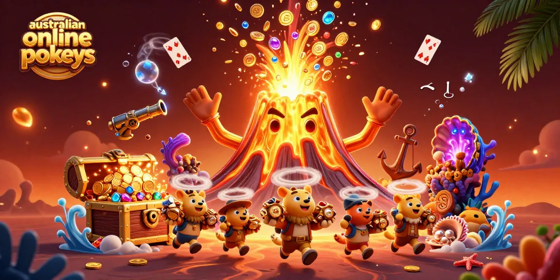 Engage with australian online pokies as a golden volcano erupts with treasure in this vibrant scene.