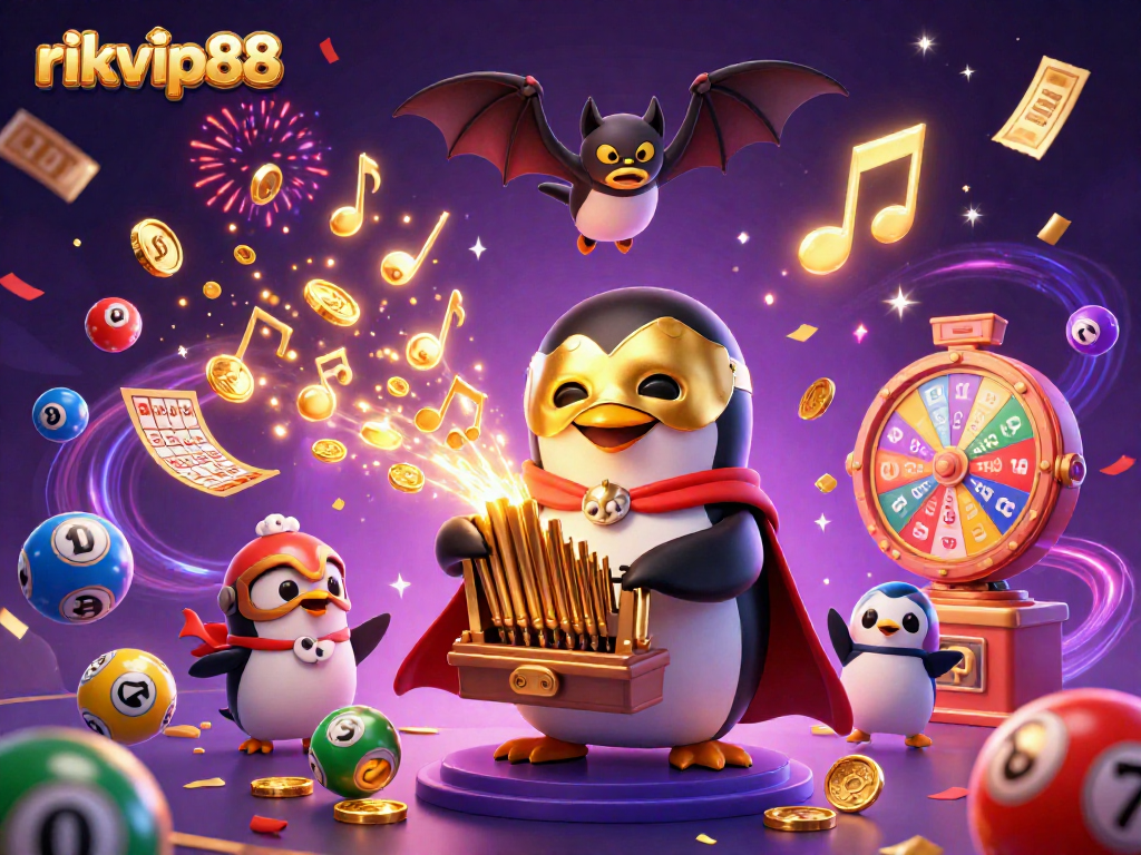 Join the fun at rikvip88 as a cartoon penguin plays music, raining golden coins and lottery excitement!