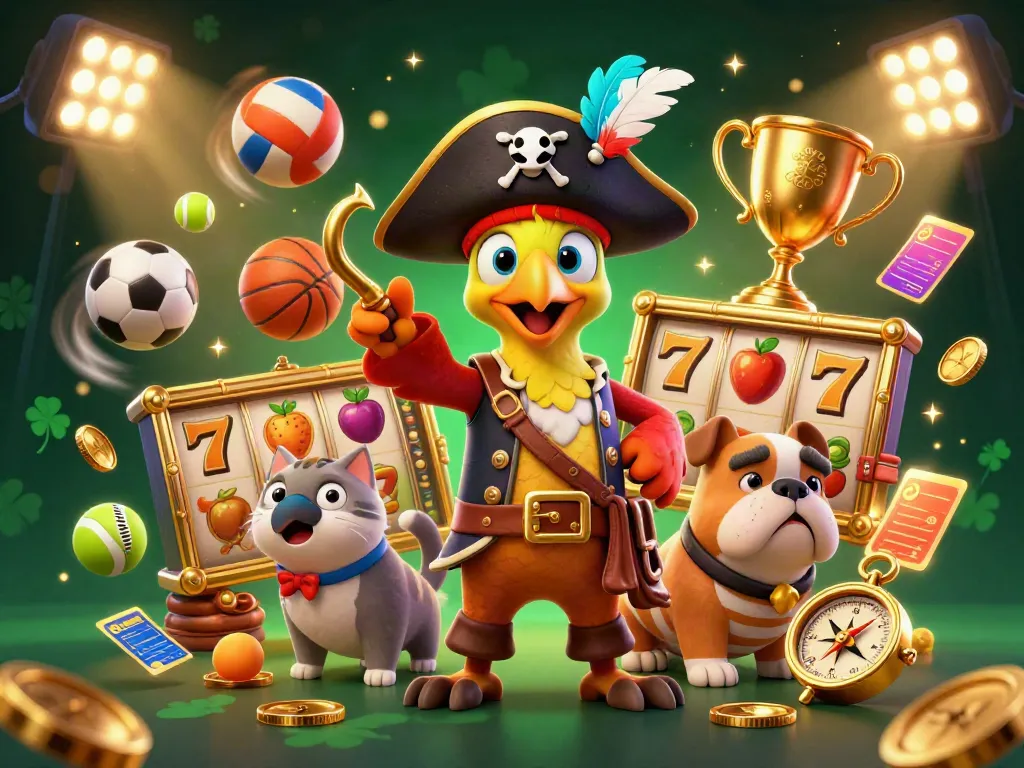 Engage in exciting slots gameplay with a colorful pirate-themed illustration featuring characters and vibrant game elements.