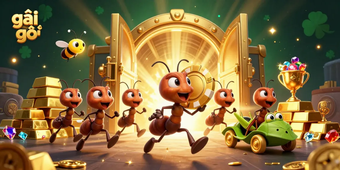Engage with gái gọi in this lively casino heist scene featuring animated ants, gems, and gold.