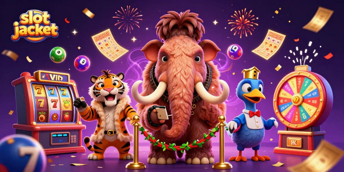 Slot jackpot menarik perhatian pemain dengan karakter kasino yang unik dan simbol permainan meriah.