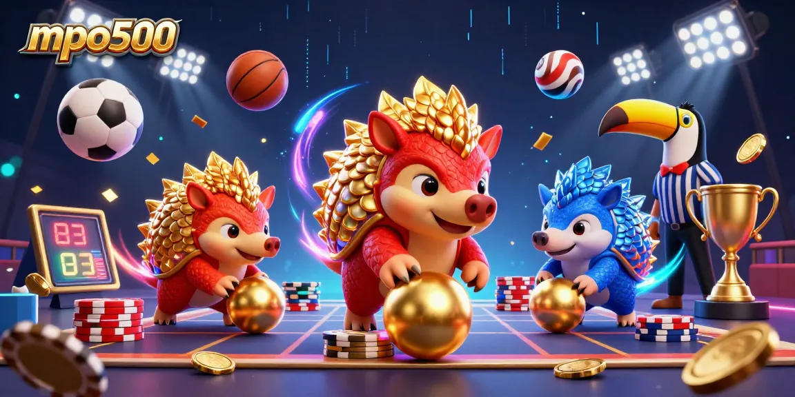 mpo500 rival pangolins compete with gambling chips and sports balls in a vibrant casino scene