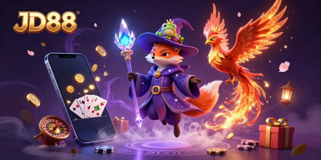 Experience thrilling gaming adventures with JD88 through an enchanting digital casino scene.