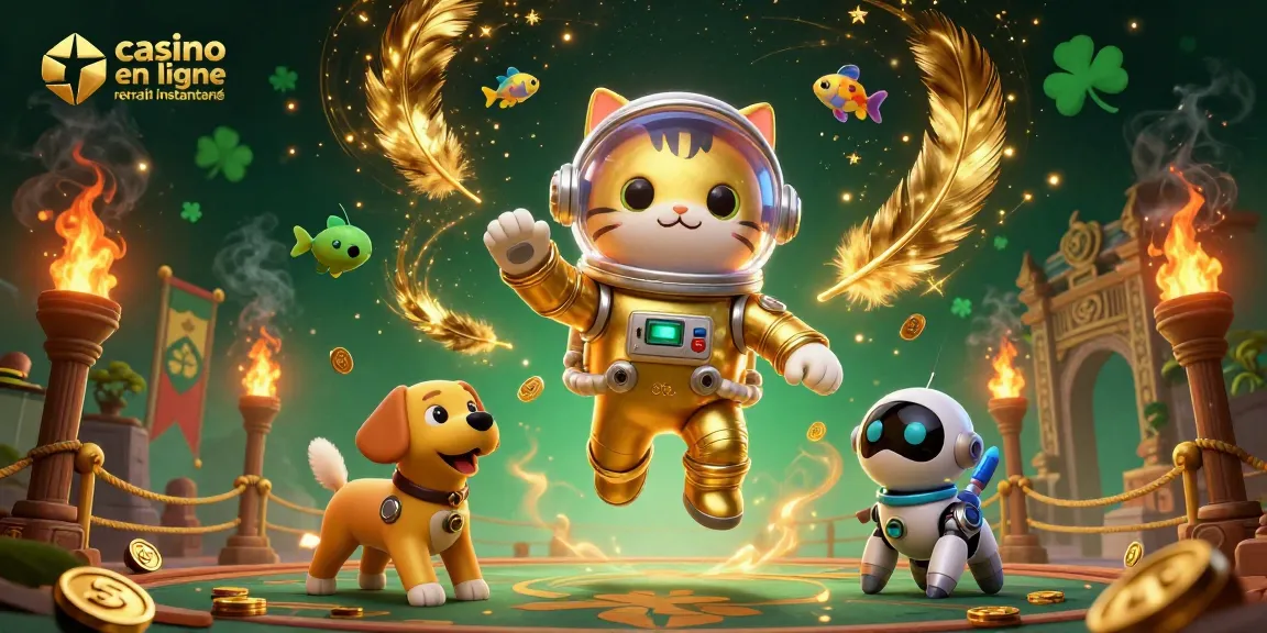 Illustration dynamique d'un chat astronaute et un chien robot dans un casino en ligne retrait instantané.