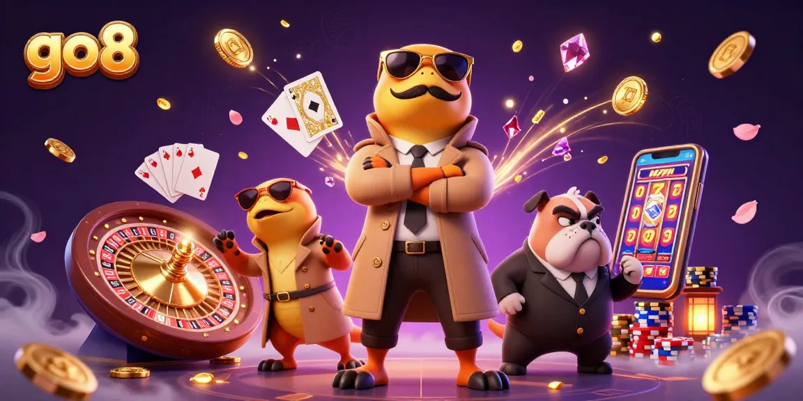 Play exciting casino games at go8 with raptors sneaking into a VIP lounge among coins and cards.