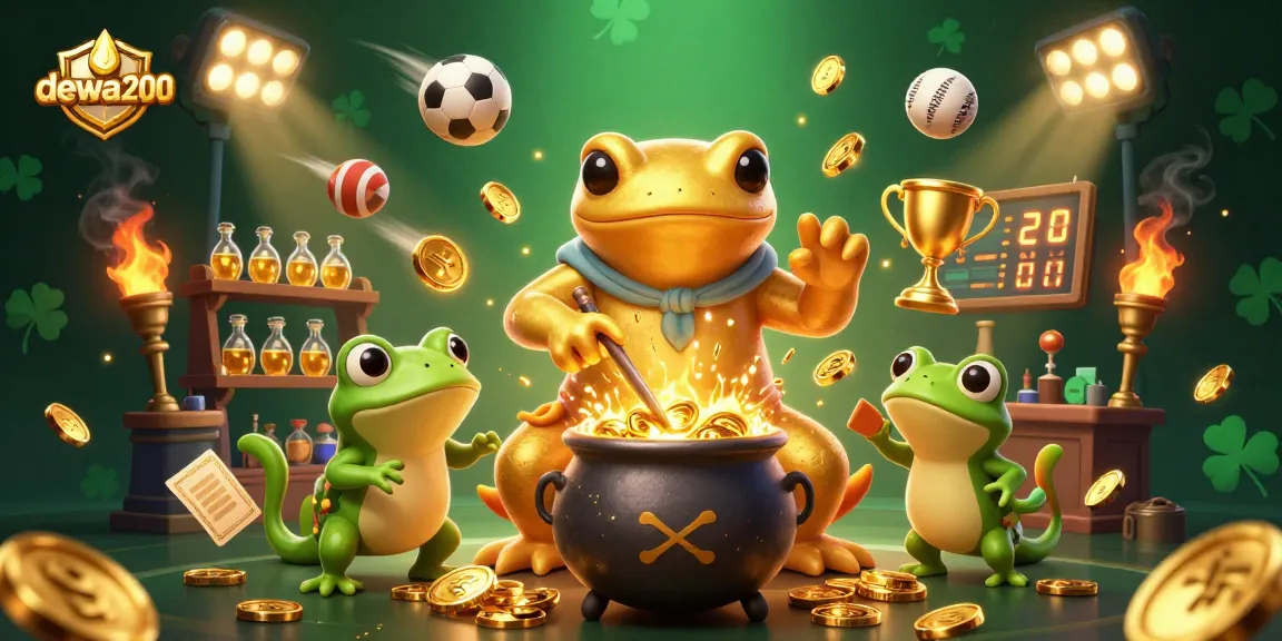 Gambarkan dewa200 yang meramu emas di lab casino, dikelilingi bola olahraga dan trofi emas.