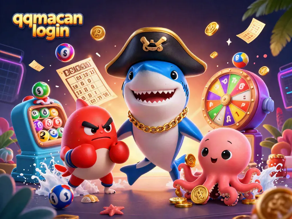 Experience thrilling qqmacan login adventures with a vibrant casino scene featuring lively characters and game elements.