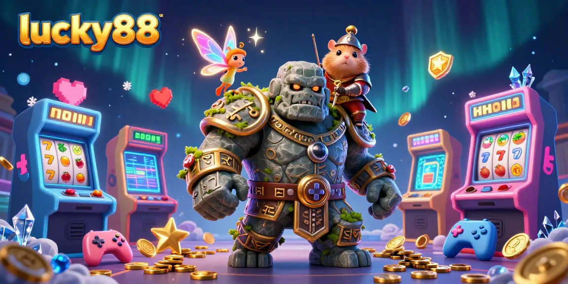 Experience thrilling gameplay with lucky88 as a golem guardian, fairy, and hamster knight in a vibrant casino setting.