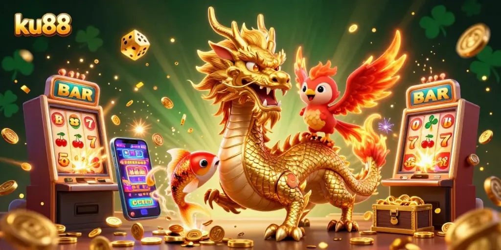 ku88 casino illustration featuring a golden dragon and phoenix amidst a jackpot explosion.