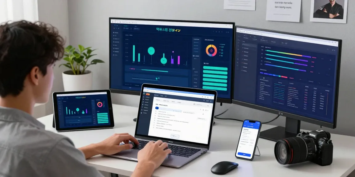Engaging user verifying 먹튀스팟 검증사이트 in a modern workspace with multiple screens and tech gadgets.