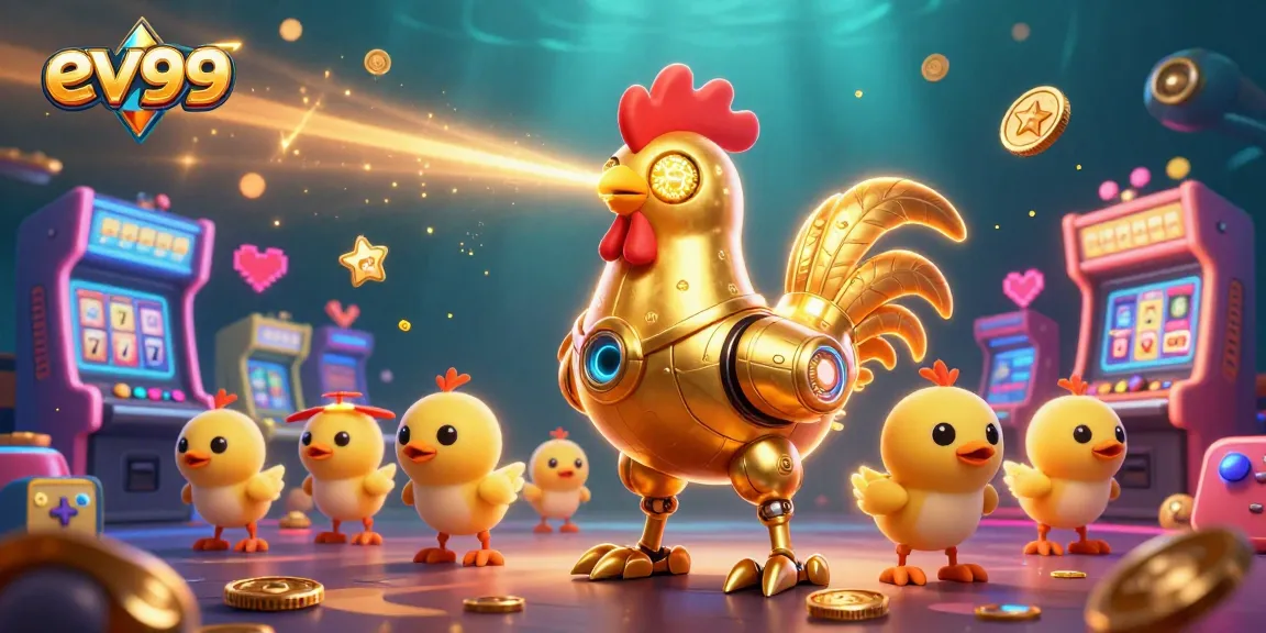 Experience the excitement of ev99 with dynamic slot machines and a playful 3D rooster hero.