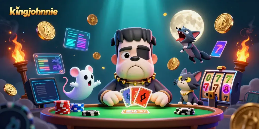 Join the fun at kingjohnnie's casino with a vibrant scene of characters playing cards, Bitcoin, and Ethereum coins.