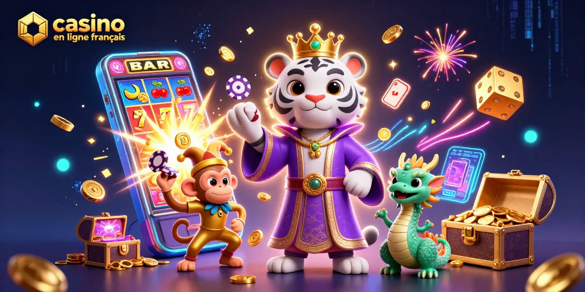 Les jeux de hasard prennent vie avec un élégant tigre blanc, un singe bouffon et un dragon de jade dans notre illustration de casino en ligne français.