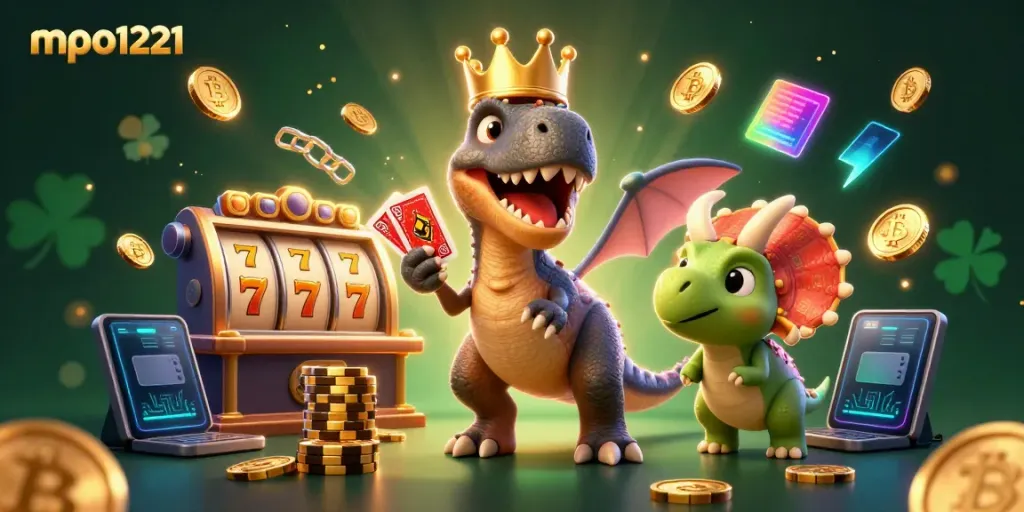 Engage with mpo1221 through a vibrant 3D cartoon casino scene featuring playful dinosaurs and slot game elements.