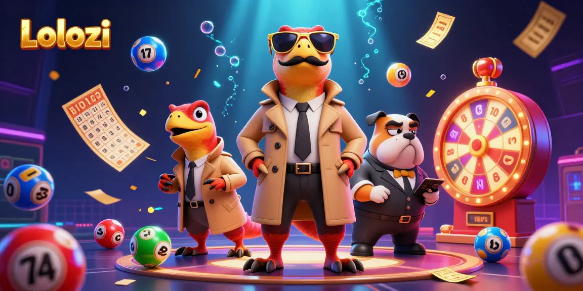 Lolozi raptors attempting casino entry, surrounded by vibrant lottery elements in a dynamic scene.