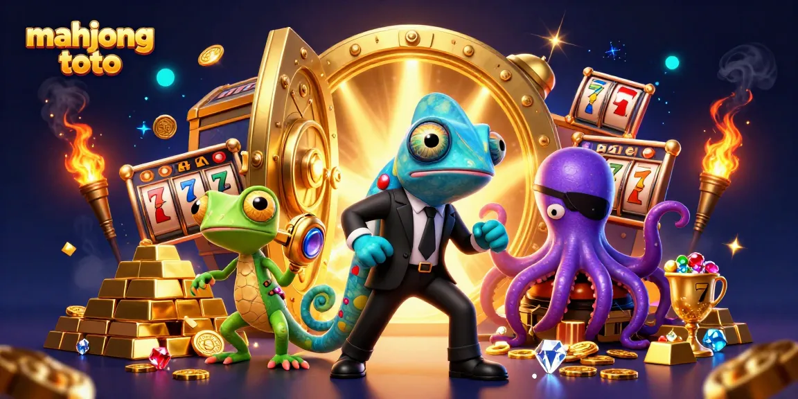 Engage in mahjong toto with vibrant characters surrounded by casino treasures and gaming elements.