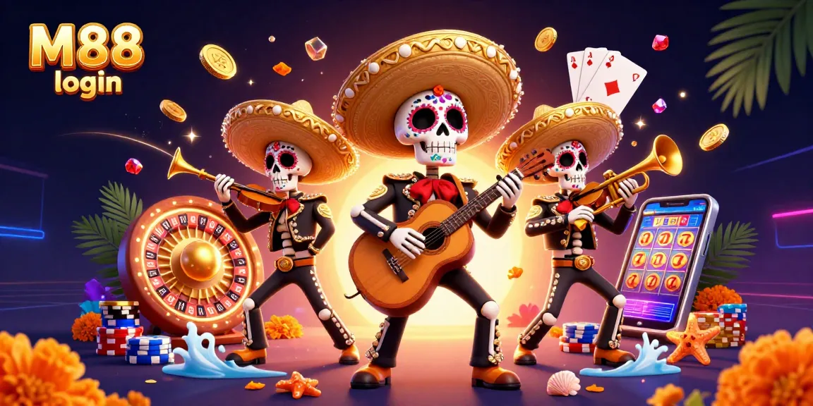 Experience the excitement of M88 login with vibrant casino action featuring a mariachi band, coins, and gaming elements.