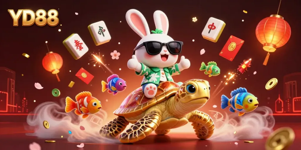 Experience the excitement of YD88 with a lucky rabbit and golden sea turtle in a vibrant casino scene.