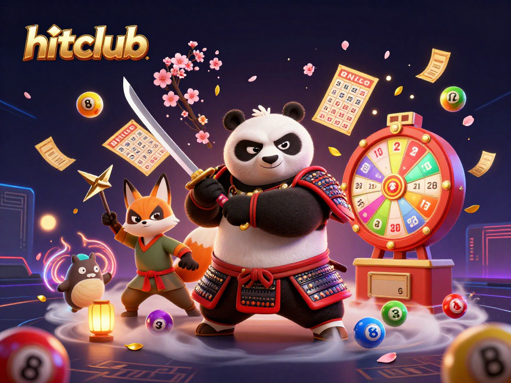 Experience the thrill of hitclub with a dynamic samurai panda and ninja fox in a vibrant lottery scene.