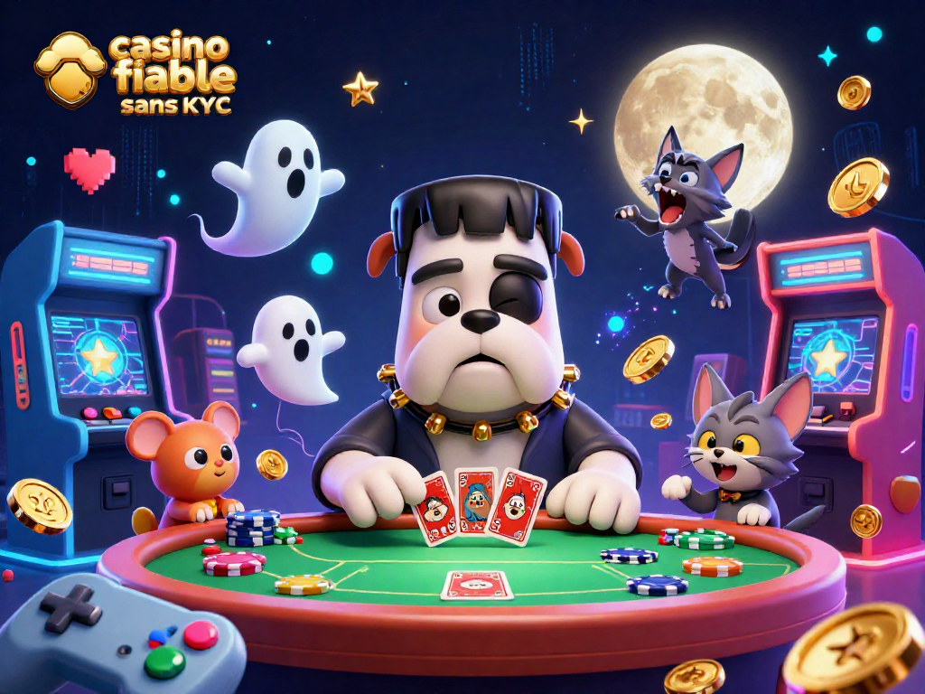 Jeu captivant au casino fiable sans KYC avec un bulldog Frankenstein distribuant des cartes et une ambiance encourageante.