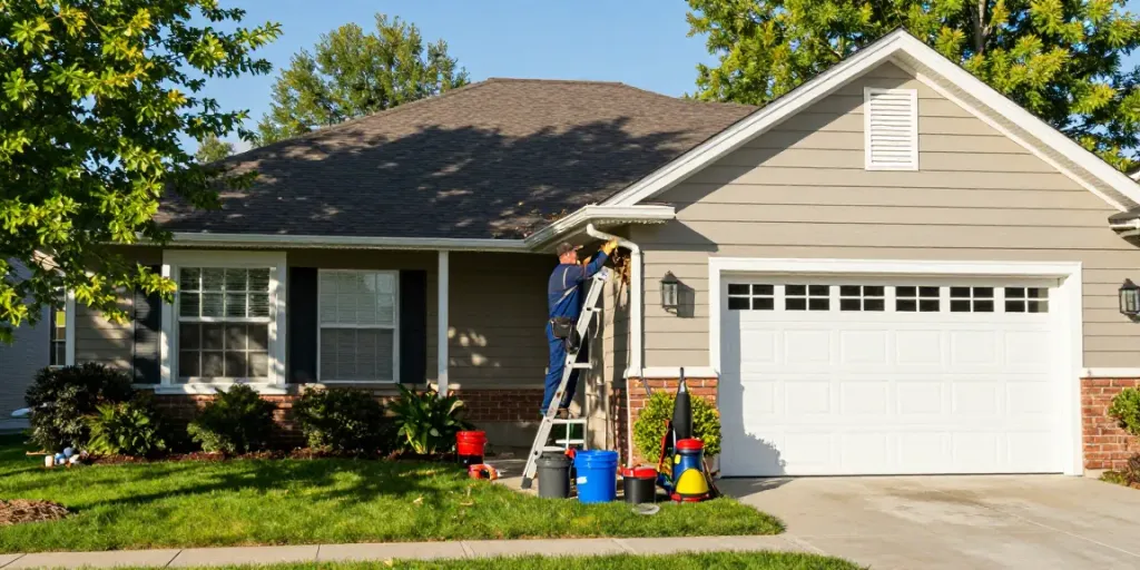 Spokane gutter cleaning technician safely clearing debris from gutters at a home.