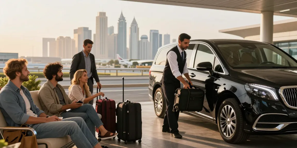 Airport Transfers Service Dubai featuring a chauffeur assisting travelers at Dubai Airport.