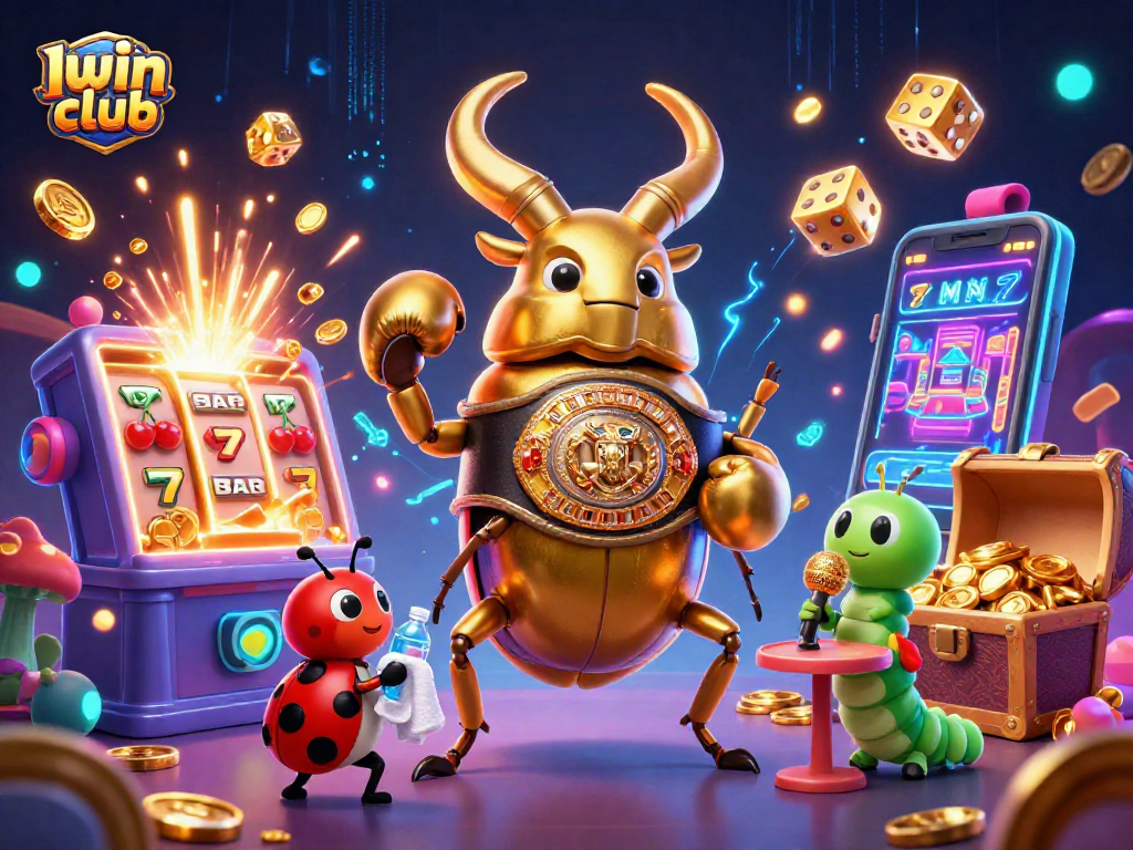 Iwin club welcomes players to a vibrant casino battle, featuring a golden stag beetle champion in 3D.