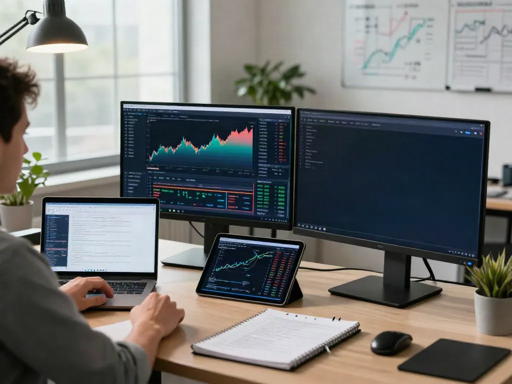 MetaTrader 5 trading environment with dual monitors, live charts, and trading tools.