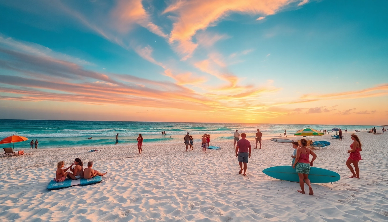 Families enjoying the beach in Pensacola FL with sunset background.