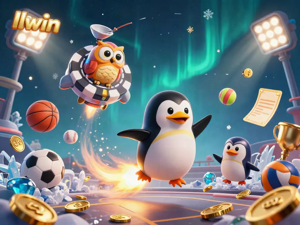 Engage with the vibrant LLWIN gaming universe as a golden penguin soars towards a casino space station.