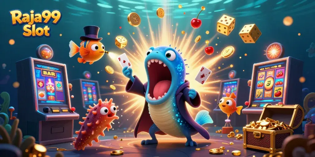 Raja99 Slot menghadirkan momen menang megah dengan jackpot slot dan karakter laut bercahaya.