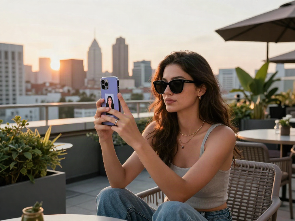 Woman using a smartphone to test attractiveness while enjoying a sunset view on a stylish terrace.