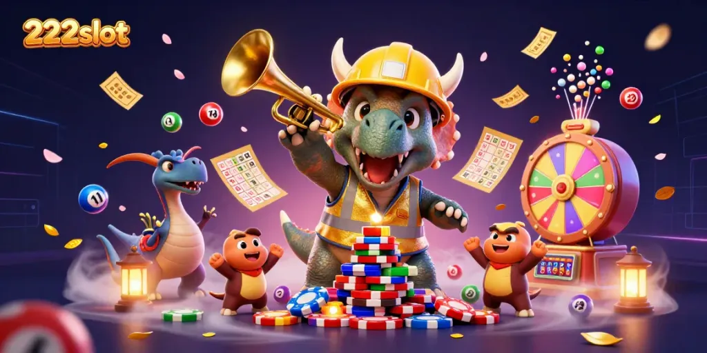 Raih kemenangan di 222slot dengan ilustrasi kasino yang meriah dan penuh aksi.