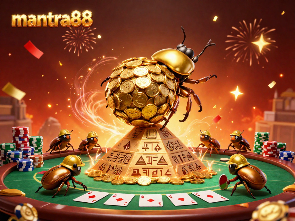 Join the excitement at mantra88 as a golden beetle rolls coins, surrounded by poker elements and celebratory confetti.