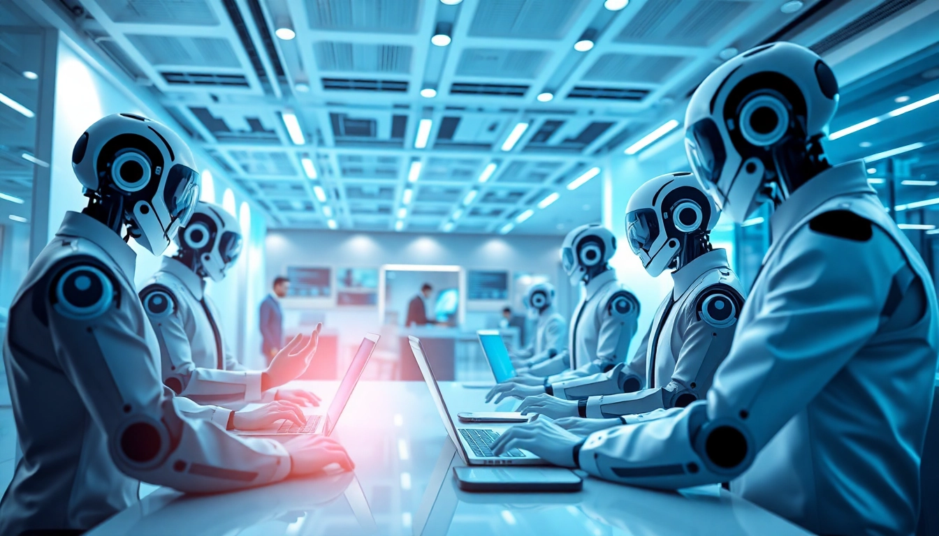 AI agents working collaboratively in a modern office environment with advanced technology.