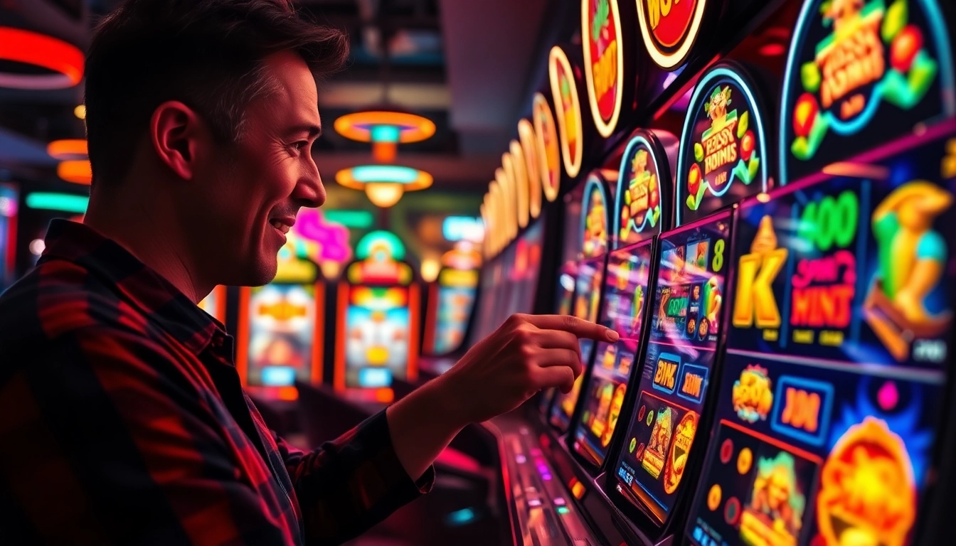 Engaging player immersed in slot gambling, surrounded by colorful slot machines and brilliant lights.