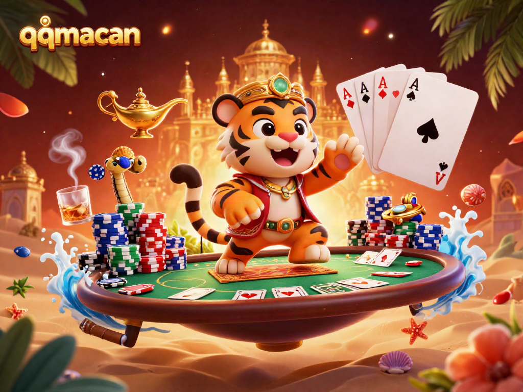 Engage with qqmacan in a spectacular casino scene featuring a sultan, poker chips, and vibrant dynamics.