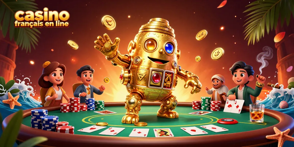 Le jeu commence sur un casino francais en ligne avec un golem doré entouré de cartes et de jetons de poker.