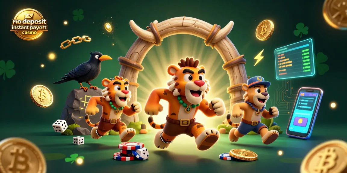 Play at a no deposit instant payout casino featuring vibrant 3D characters and crypto elements.
