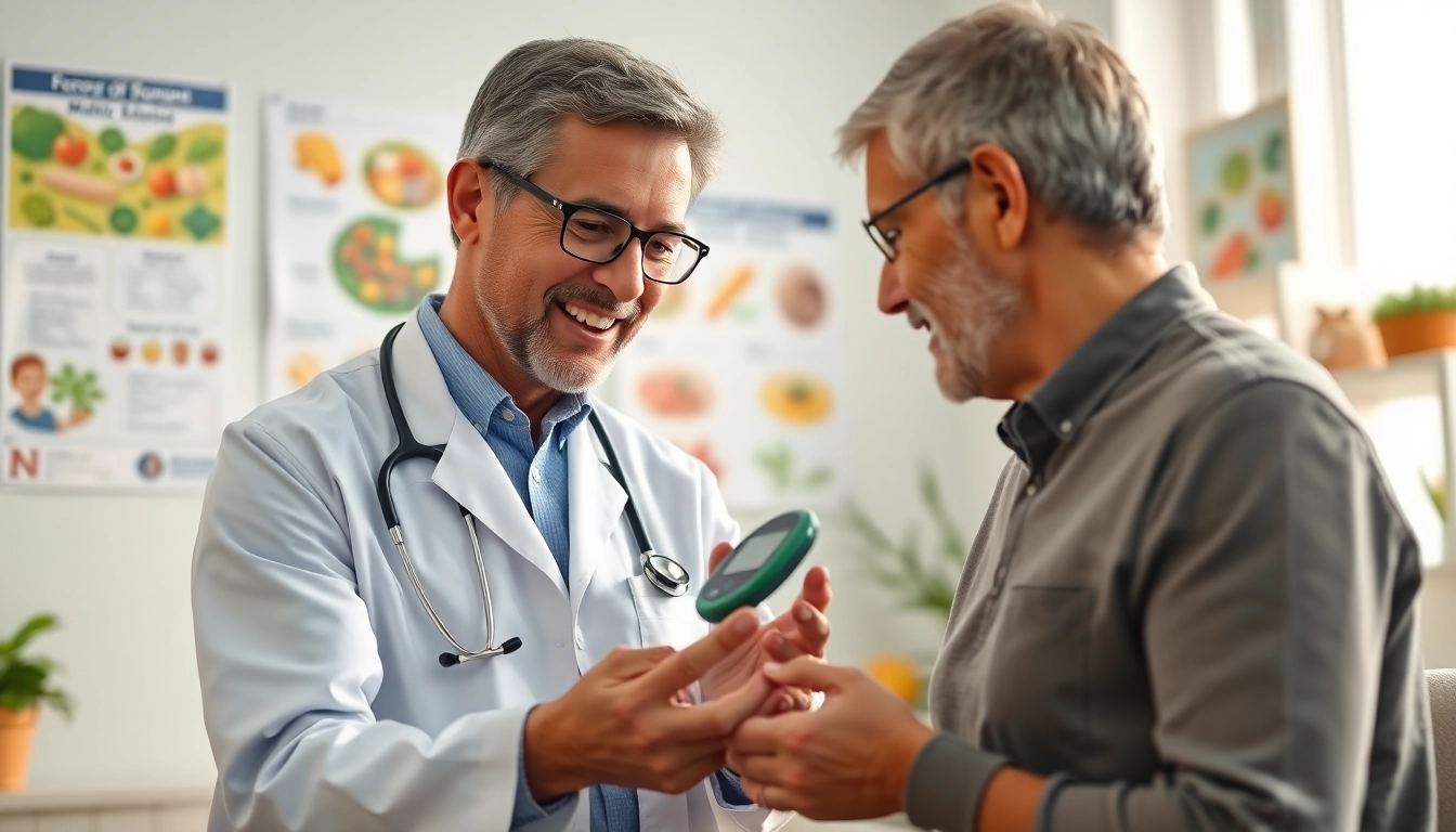 Doctor advising on Diabetes Management techniques with a patient in a bright office.
