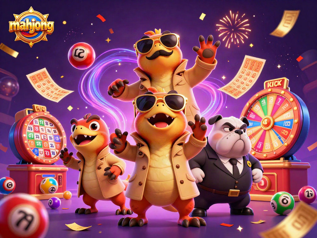 Experience mahjong excitement with cartoon raptors in a VIP casino scene, lottery elements and vibrant details.