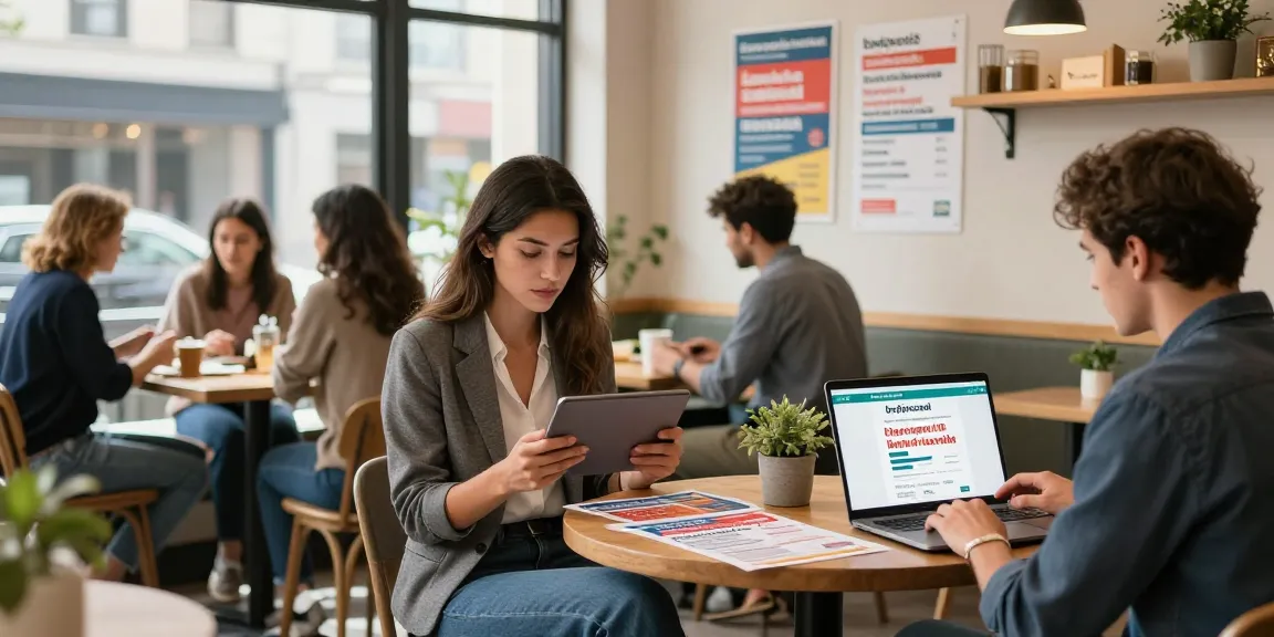 Dynamic urban marketplace scene depicting users engaging with bedpersonal for local classifieds ads.