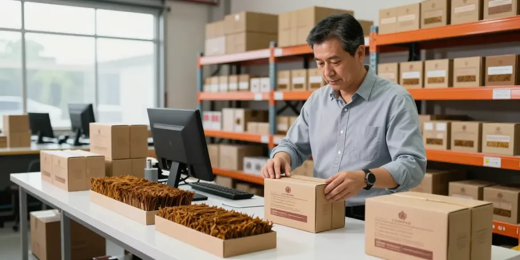 Top smoke cigarettes and tobacco wholesale packaging scene showing premium tobacco products being prepared for shipping.