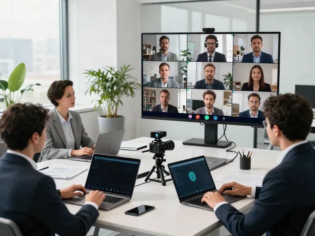 Deepfake protected Online Video Calls, Meetings and Conferencing in a modern office with diverse professionals engaged in virtual collaboration.