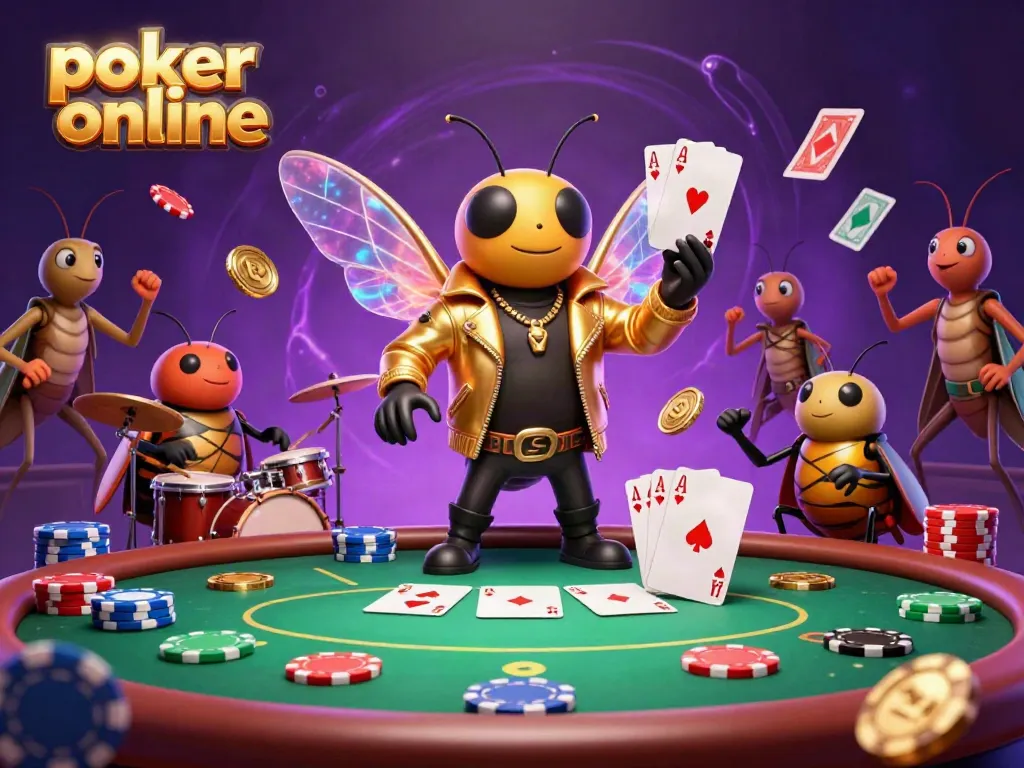 Menangkan permainan poker online dengan suasana meriah dari cicada rocker dan elemen poker yang dinamis.