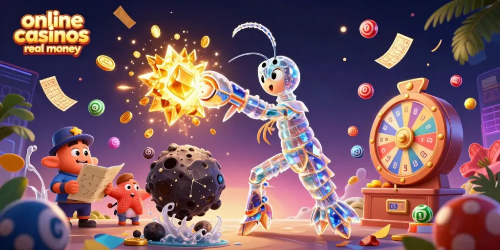 Engage in online casinos real money games with vibrant characters amid exploding gems and dynamic lottery elements.