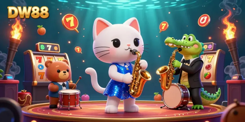Enjoy thrilling slots action at DW88 with engaging characters in a vibrant casino atmosphere.